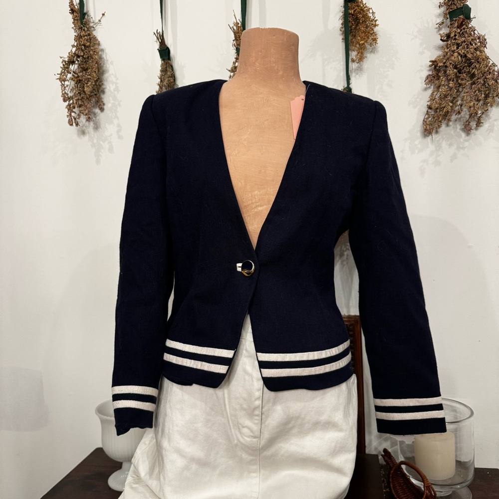 Chic Navy Blazer with White Stripes Size 4